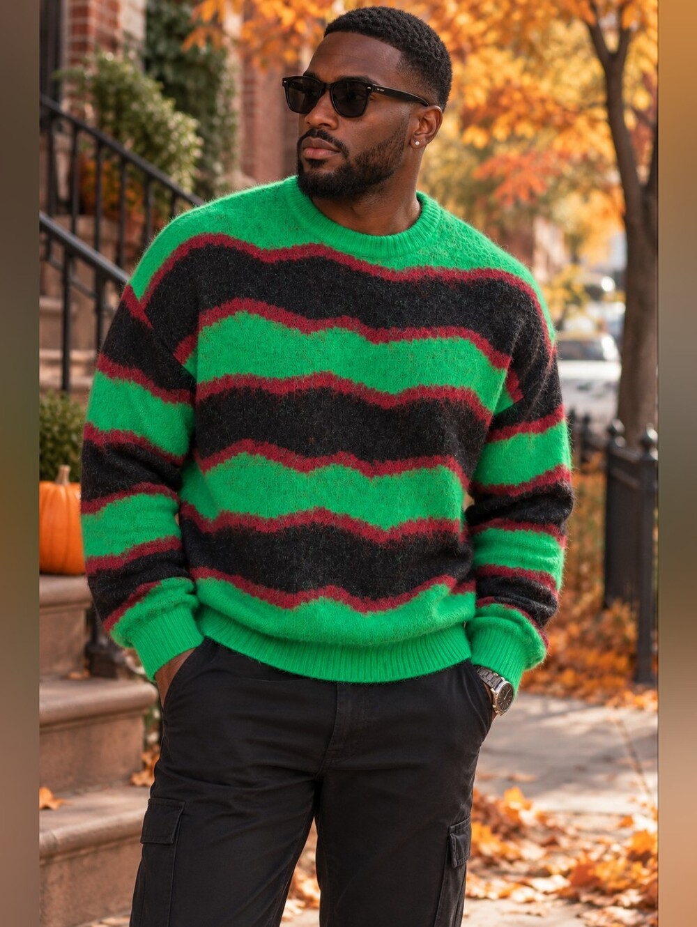 Men's Striped Crewneck Sweater Long Sleeve Wool NovaMen Green Red Black
